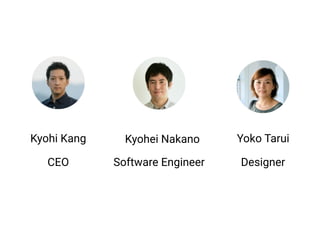 CEO Software Engineer
Kyohi Kang Kyohei Nakano Yoko Tarui
Designer
 