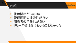 まとめ
▸ 使用開始から約1年
▸ 管理画面の検索性が良い
▸ 開発者の手離れが良い
▸ リリース後はなにもやることなかった
14
 