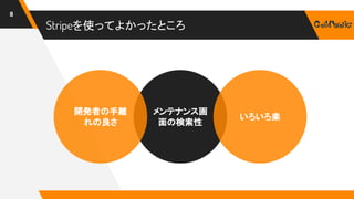 Stripeを使ってよかったところ
8
メンテナンス画
面の検索性
開発者の手離
れの良さ
いろいろ楽
 