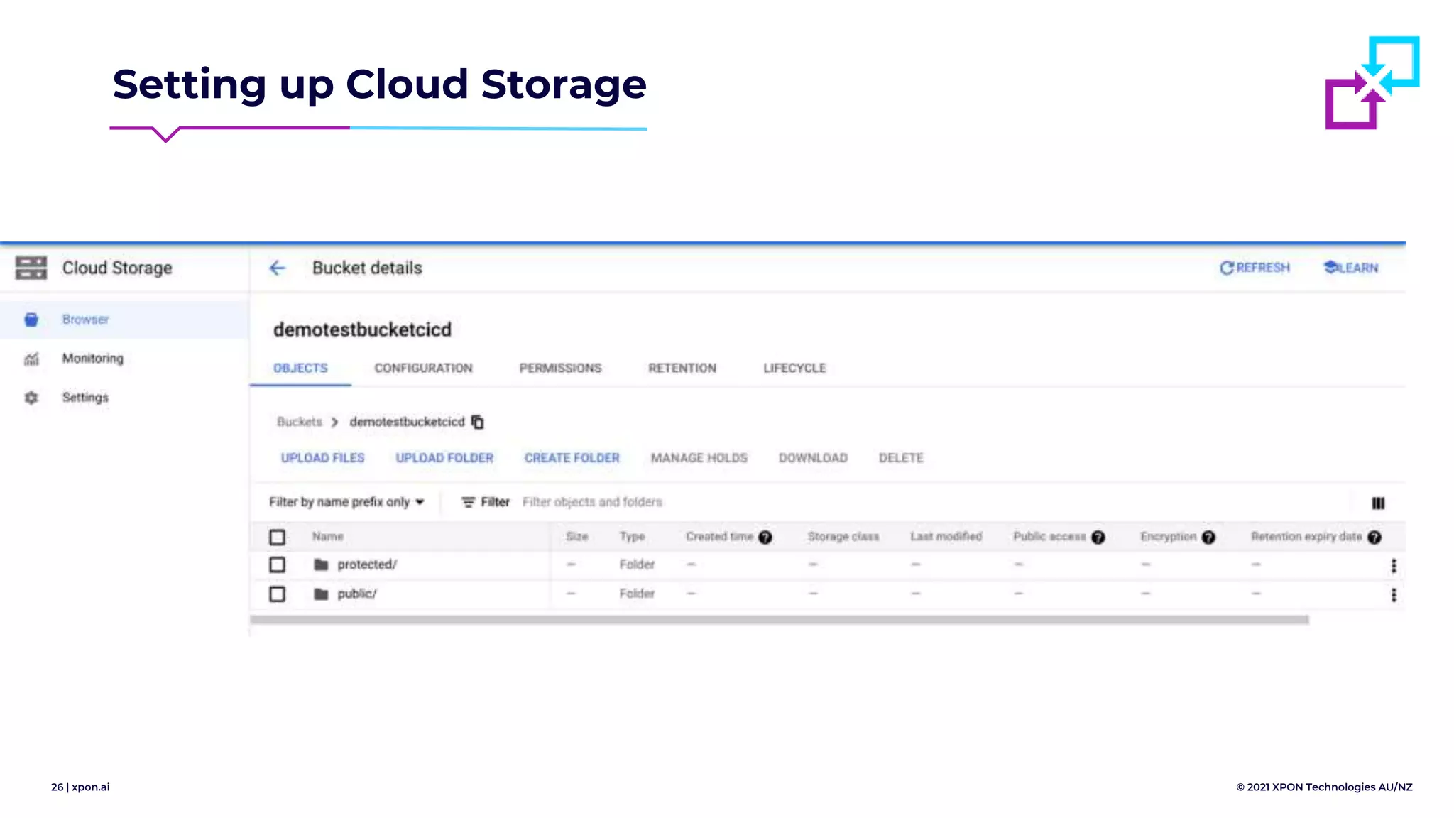 26 | xpon.ai © 2021 XPON Technologies AU/NZ
Setting up Cloud Storage
 