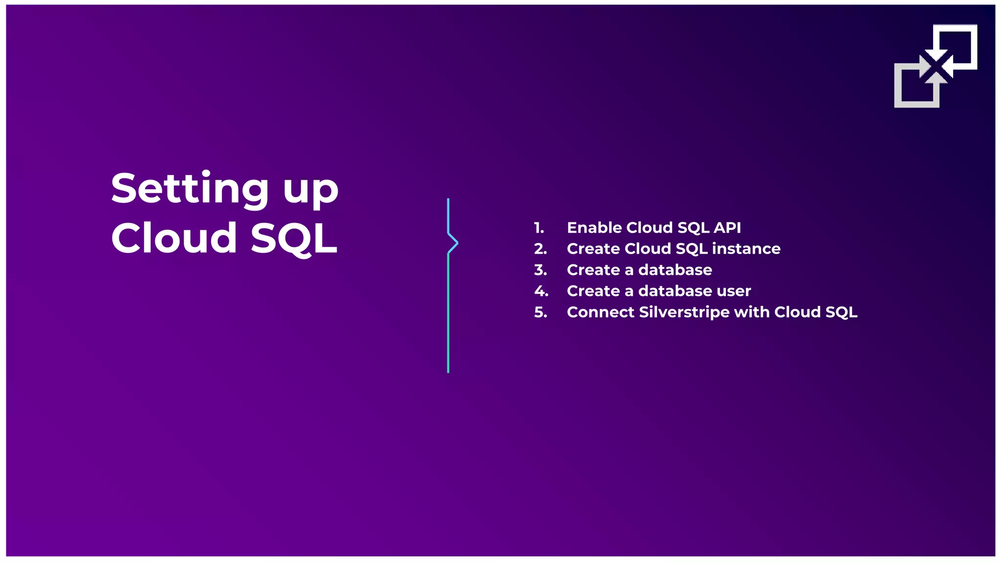 31 | xpon.ai © 2021 XPON Technologies AU/NZ
1. Enable Cloud SQL API
2. Create Cloud SQL instance
3. Create a database
4. Create a database user
5. Connect Silverstripe with Cloud SQL
Setting up
Cloud SQL
 