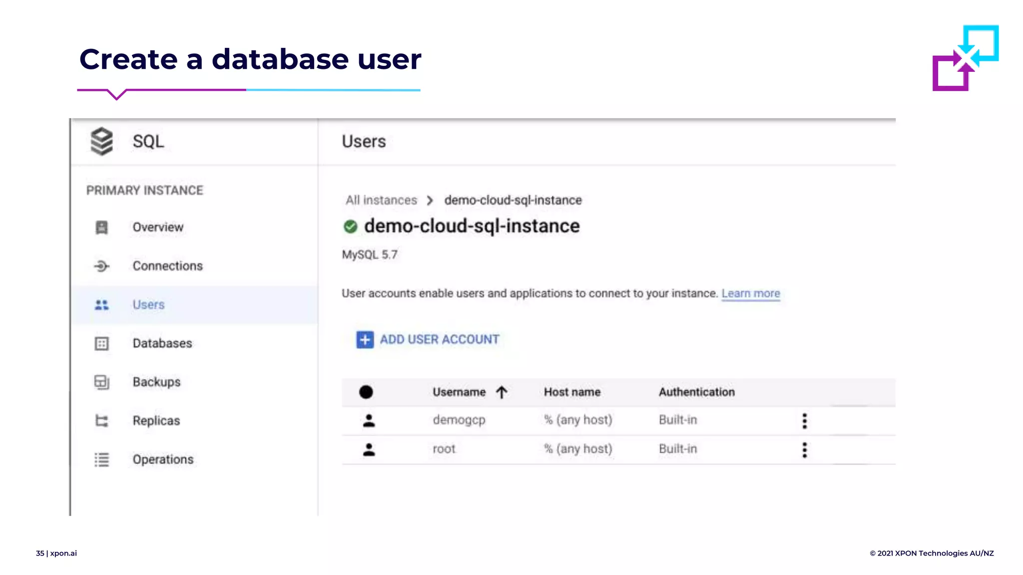 35 | xpon.ai © 2021 XPON Technologies AU/NZ
Create a database user
 
