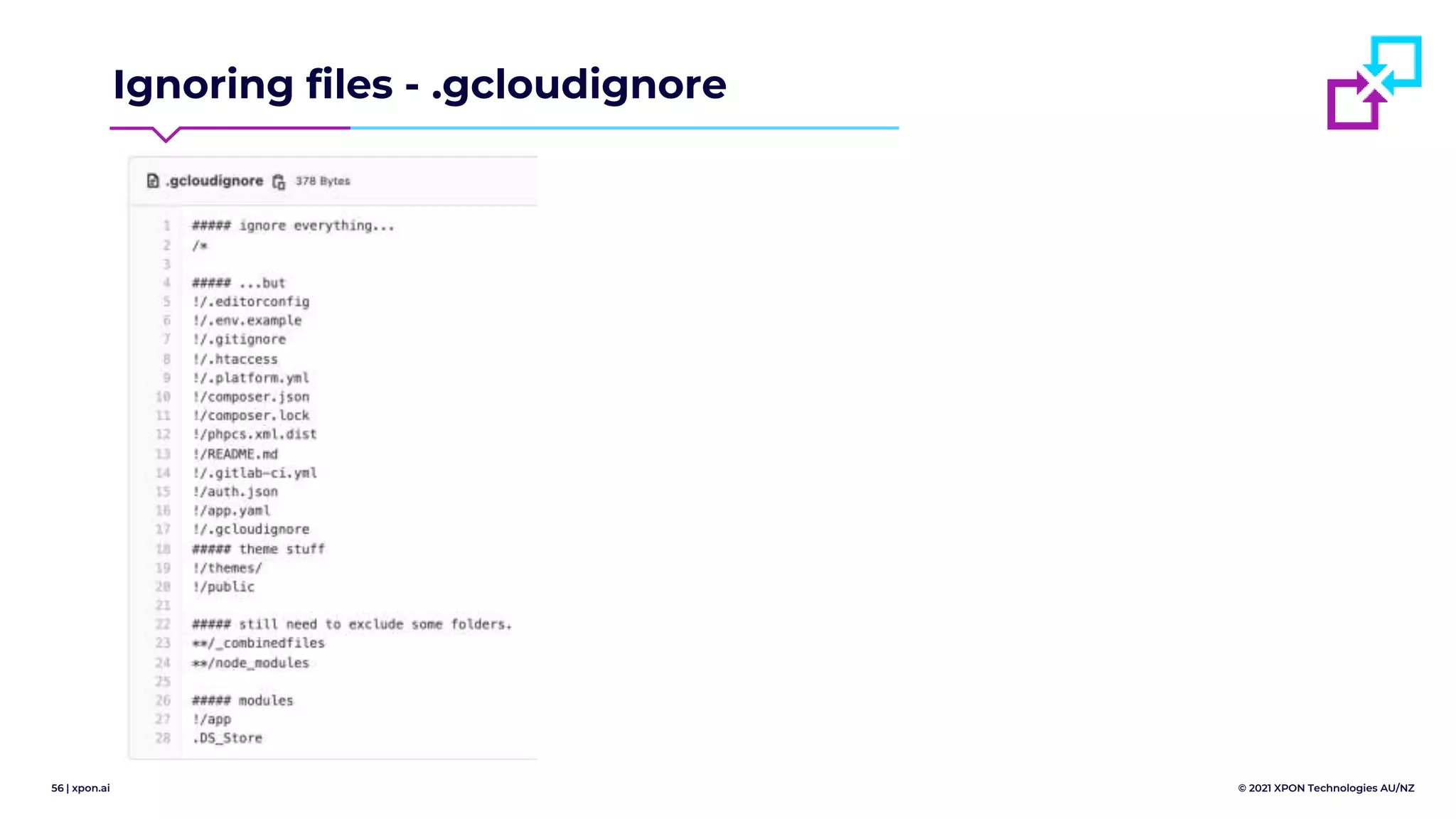 56 | xpon.ai © 2021 XPON Technologies AU/NZ
Ignoring files - .gcloudignore
 
