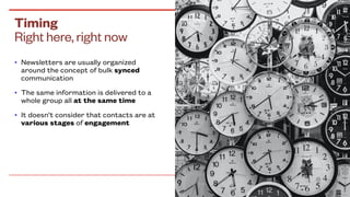 Right here, right now
Timing
• Newsletters are usually organized
around the concept of bulk synced
communication
• The sam...