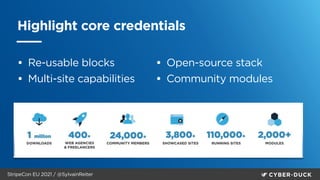 StripeCon EU 2021 / @SylvainReiter
Highlight core credentials
• Re-usable blocks


• Multi-site capabilities


• Open-source stack


• Community modules
 