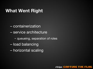 What Went Right
– containerization
– service architecture
- queueing, separation of roles
– load balancing
– horizontal scaling

 