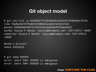 Git object model
$ git cat-file -p 000000effe7d920b391a24633e7298469dcf51b5
tree 7da86a5b10ff6db916598b653ce63e1dc0cb73c8
parent 0000000df4815161b72f4c5ed23e9fbf5deed922
author Alyssa P Hacker <alyssa@example.com> 1391129313 +0000
committer Alyssa P Hacker <alyssa@example.com> 1391129313
+0000
Mined a Gitcoin!
nonce 0302d1e2

$ git show 000000
error: short SHA1 000000 is ambiguous.
error: short SHA1 000000 is ambiguous.

 