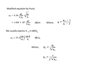 Modified equation by Pucel,




                             dB/m   Where,


We usually express ∝  in dB/λg




                         Where,
 