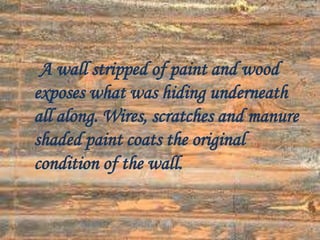 A wall stripped of paint and wood
exposes what was hiding underneath
all along. Wires, scratches and manure
shaded paint coats the original
condition of the wall.

 