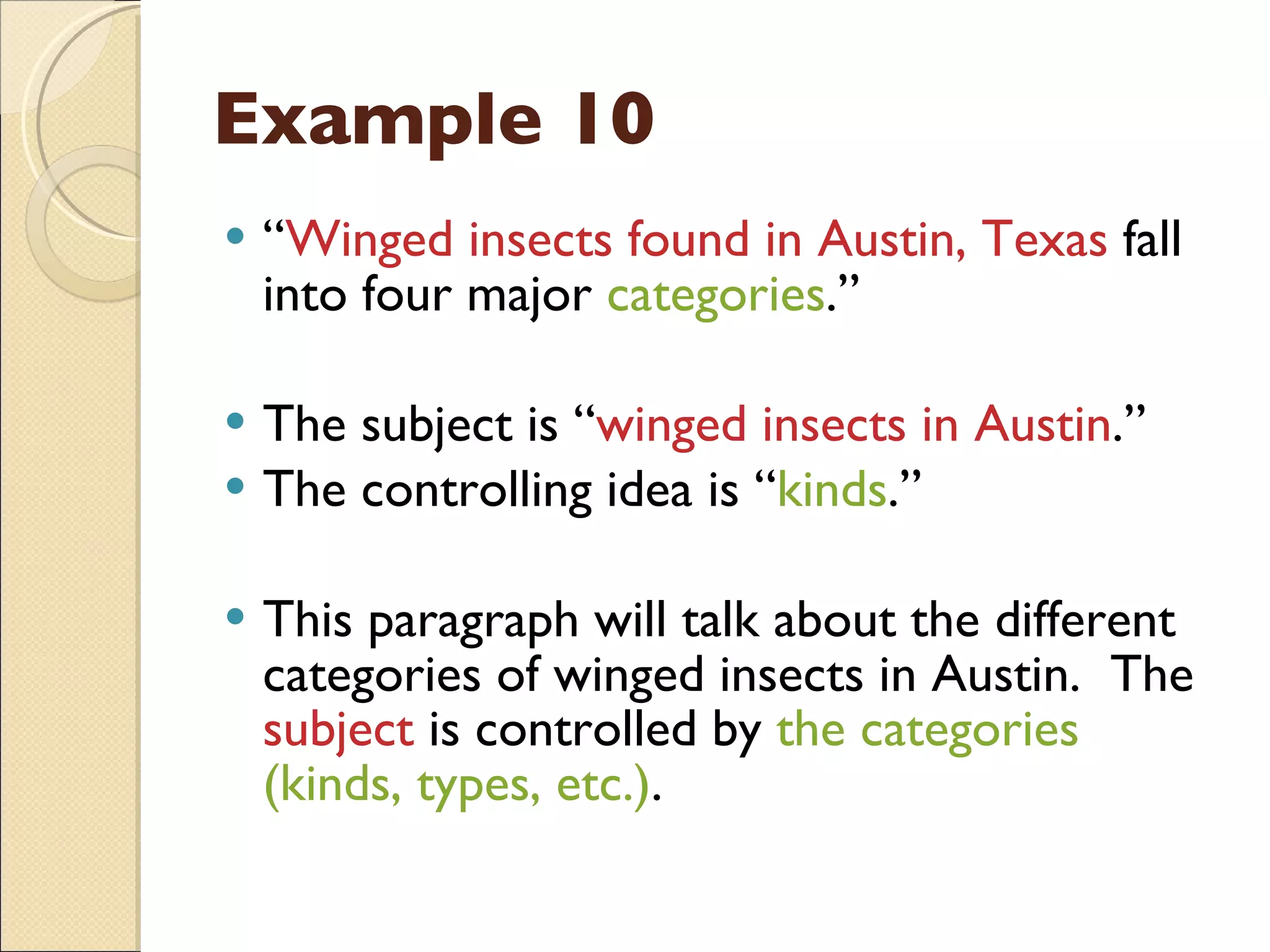 Example 10 “ Winged insects found in Austin, Texas  fall into four major  categories .” The subject is “ winged insects in Austin .” The controlling idea is “ kinds .” This paragraph will talk about the different categories of winged insects in Austin.  The  subject  is controlled by  the categories (kinds, types, etc.) . 