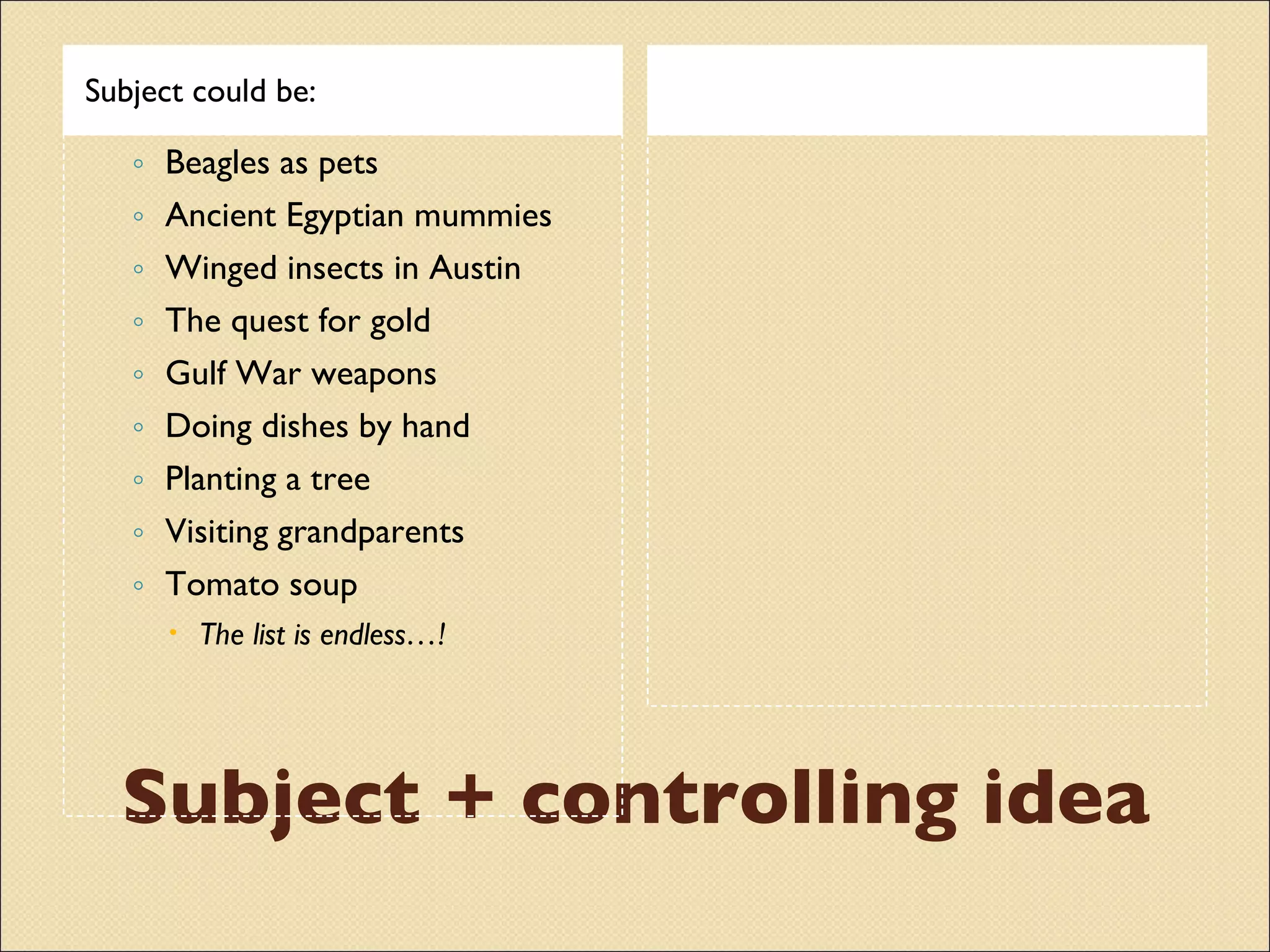 Subject + controlling idea Subject could be: Beagles as pets Ancient Egyptian mummies Winged insects in Austin The quest for gold Gulf War weapons Doing dishes by hand Planting a tree Visiting grandparents Tomato soup The list is endless…! 