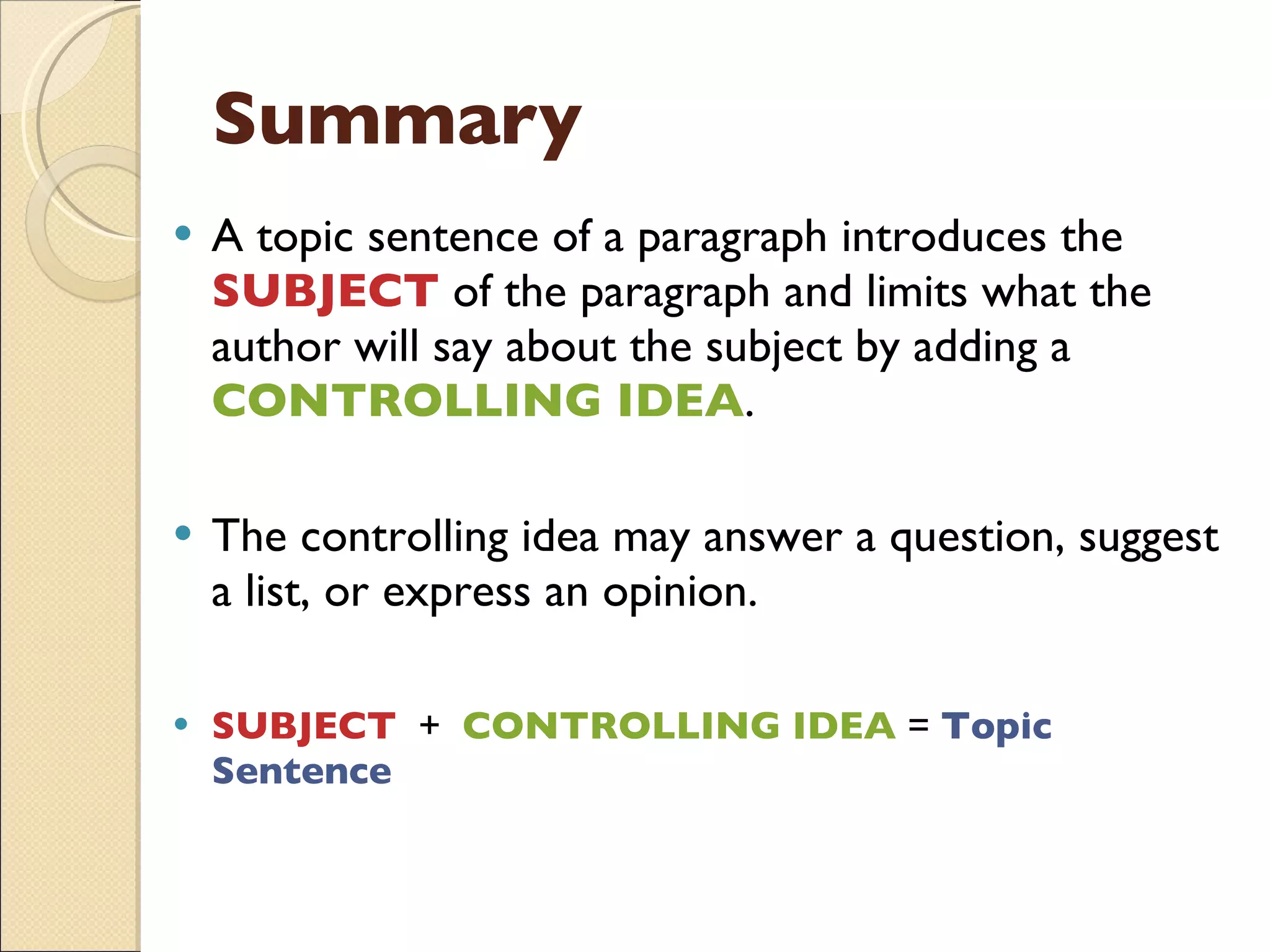Summary A topic sentence of a paragraph introduces the  SUBJECT  of the paragraph and limits what the author will say about the subject by adding a  CONTROLLING IDEA .  The controlling idea may answer a question, suggest a list, or express an opinion. SUBJECT   +  CONTROLLING IDEA  =  Topic Sentence 