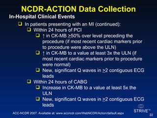 NCDR-ACTION Data Collection In-Hospital Clinical Events  In patients presenting with an MI (continued): Within 24 hours of PCI ↑  in CK-MB  > 50% over level preceding the procedure (if most recent cardiac markers prior to procedure were above the ULN) ↑  in CK-MB to a value at least 3x the ULN (if most recent cardiac markers prior to procedure were normal) New, significant Q waves in  > 2 contiguous ECG leads Within 24 hours of CABG Increase in CK-MB to a value at least 5x the ULN New, significant Q waves in  > 2 contiguous ECG leads ACC-NCDR 2007. Available at: www.accncdr.com/WebNCDR/Action/default.aspx 
