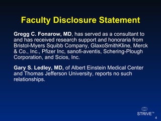 Faculty Disclosure Statement Gregg C. Fonarow, MD , has served as a consultant to and has received research support and honoraria from Bristol-Myers Squibb Company, GlaxoSmithKline, Merck & Co., Inc., Pfizer Inc, sanofi-aventis, Schering-Plough Corporation, and Scios, Inc. Gary S. Ledley, MD,  of Albert Einstein Medical Center and Thomas Jefferson University, reports no such relationships. 