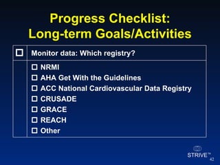 Progress Checklist: Long-term Goals/Activities    NRMI    AHA Get With the Guidelines    ACC National Cardiovascular Data Registry    CRUSADE    GRACE    REACH    Other Monitor data: Which registry?  
