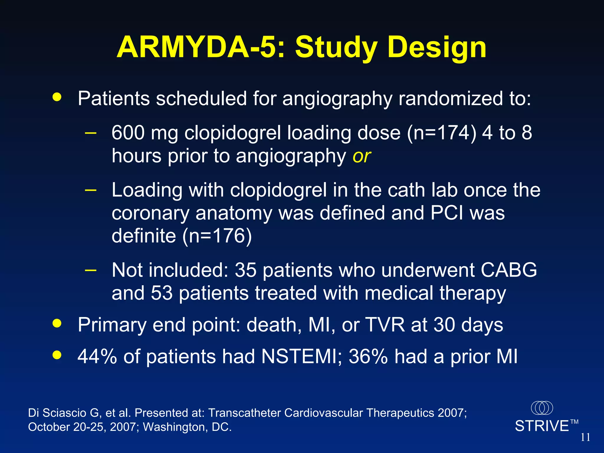 ARMYDA-5: Study Design Patients scheduled for angiography randomized to: 600 mg clopidogrel loading dose (n=174) 4 to 8 hours prior to angiography  or Loading with clopidogrel in the cath lab once the coronary anatomy was defined and PCI was definite (n=176) Not included: 35 patients who underwent CABG and 53 patients treated with medical therapy Primary end point: death, MI, or TVR at 30 days 44% of patients had NSTEMI; 36% had a prior MI Di Sciascio G, et al. Presented at: Transcatheter Cardiovascular Therapeutics 2007; October 20-25, 2007; Washington, DC.  