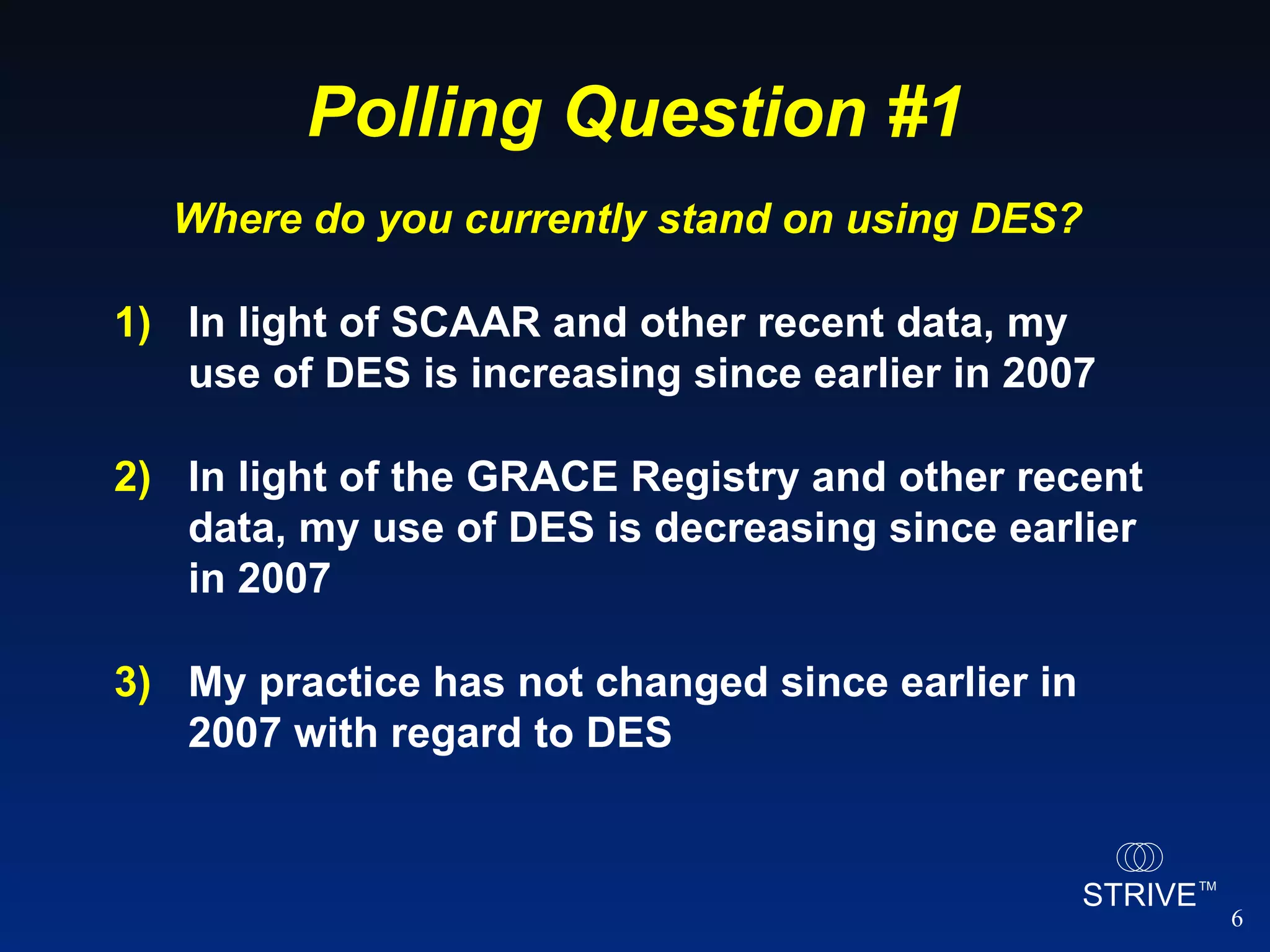 Polling Question #1 Where do you currently stand on using DES? In light of SCAAR and other recent data, my use of DES is increasing since earlier in 2007 In light of the GRACE Registry and other recent data, my use of DES is decreasing since earlier in 2007 My practice has not changed since earlier in 2007 with regard to DES 