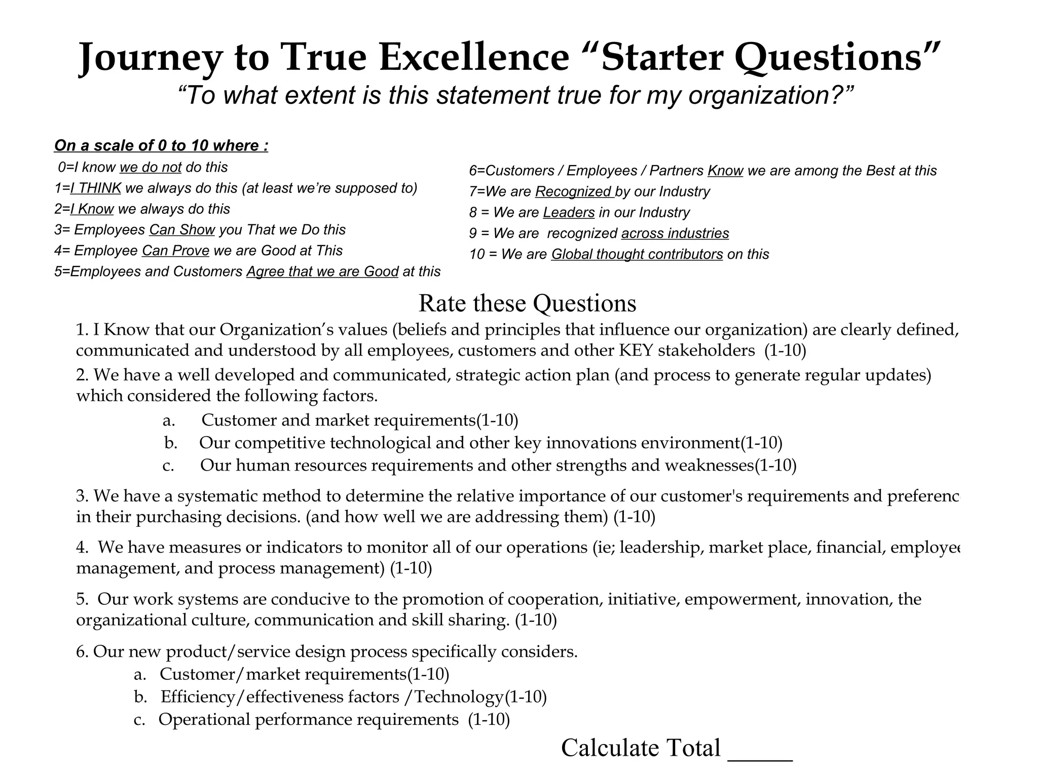 Journey to True Excellence “Starter Questions”
                 “To what extent is this statement true for my organization?”
On a scale of 0 to 10 where :
0=I know we do not do this                                 6=Customers / Employees / Partners Know we are among the Best at this
1=I THINK we always do this (at least we’re supposed to)   7=We are Recognized by our Industry
2=I Know we always do this                                 8 = We are Leaders in our Industry
3= Employees Can Show you That we Do this                  9 = We are recognized across industries
4= Employee Can Prove we are Good at This                  10 = We are Global thought contributors on this
5=Employees and Customers Agree that we are Good at this

                                                    Rate these Questions
   1. I Know that our Organization’s values (beliefs and principles that influence our organization) are clearly defined,
   communicated and understood by all employees, customers and other KEY stakeholders (1-10)
   2. We have a well developed and communicated, strategic action plan (and process to generate regular updates)
   which considered the following factors.
              a.      Customer and market requirements(1-10)
              b. Our competitive technological and other key innovations environment(1-10)
              c.      Our human resources requirements and other strengths and weaknesses(1-10)
   3. We have a systematic method to determine the relative importance of our customer's requirements and preferences
   in their purchasing decisions. (and how well we are addressing them) (1-10)
   4. We have measures or indicators to monitor all of our operations (ie; leadership, market place, financial, employee
   management, and process management) (1-10)
   5. Our work systems are conducive to the promotion of cooperation, initiative, empowerment, innovation, the
   organizational culture, communication and skill sharing. (1-10)
   6. Our new product/service design process specifically considers.
           a. Customer/market requirements(1-10)
           b. Efficiency/effectiveness factors /Technology(1-10)
           c. Operational performance requirements (1-10)
                                                                        Calculate Total _____
 