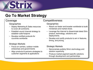 Go To Market Strategy
Coverage                                      Competitiveness
  Geographies                                   Geographies
  – Deploy Marketing & Sales resources          – Reach out faster and broader worldwide to build
    to cover all continents.                      mindshare and market share.
  – Establish sound channel strategy to         – Leverage the Internet to disseminate latest Strix
    establish solid footprint                     product, technology, solutions and
  – Develop certified products for                deployments.
    countries worldwide                         – Develop and certify products to win in features,
                                                  timing, and pricing.
  Strategic Markets
  – Focus on carriers, outdoor mobile           Strategic Markets
    enterprises and governments                 – Demonstrate publicly Strix’s technology and
  – Align products & partners strategies to       solution superiority
    customer segments & applications            – Produce market-segment-specific solutions
                                                  through development and partnerships




                                               10
 