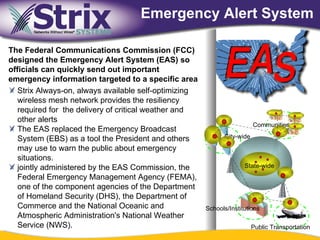 Emergency Alert System

The Federal Communications Commission (FCC)
designed the Emergency Alert System (EAS) so
officials can quickly send out important
emergency information targeted to a specific area
   Strix Always-on, always available self-optimizing
   wireless mesh network provides the resiliency
   required for the delivery of critical weather and
   other alerts
                                                                         Communities
   The EAS replaced the Emergency Broadcast
   System (EBS) as a tool the President and others           City-wide
   may use to warn the public about emergency
   situations.
   jointly administered by the EAS Commission, the                   State-wide
   Federal Emergency Management Agency (FEMA),
   one of the component agencies of the Department
   of Homeland Security (DHS), the Department of
   Commerce and the National Oceanic and               Schools/Institutions
   Atmospheric Administration's National Weather
   Service (NWS).                                                        Public Transportation
                                        27
 