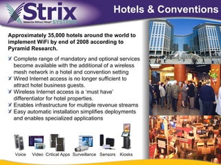 Hotels & Conventions

Approximately 35,000 hotels around the world to
implement WiFi by end of 2008 according to
Pyramid Research.
  Complete range of mandatory and optional services
  become available with the additional of a wireless
  mesh network in a hotel and convention setting
  Wired Internet access is no longer sufficient to
  attract hotel business guests.
  Wireless Internet access is a ‘must have’
  differentiator for hotel properties.
  Enables infrastructure for multiple revenue streams
  Easy automatic installation simplifies deployments
  and enables specialized applications




  Voice   Video Critical Apps Surveillance Sensors   Kiosks
                                              36
 