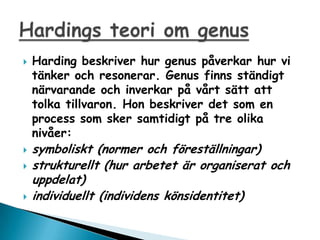 ?   Harding beskriver hur genus p?verkar hur vi
    t?nker och resonerar. Genus finns st?ndigt
    n?rvarande och inverkar p? v?rt s?tt att
    tolka tillvaron. Hon beskriver det som en
    process som sker samtidigt p? tre olika
    niv?er:
?   symboliskt (normer och f?rest?llningar)
?   strukturellt (hur arbetet ?r organiserat och
    uppdelat)
?   individuellt (individens k?nsidentitet)
 
