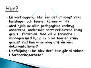 ?   En kartl?ggning; Hur ser det ut idag? Vilka
    kunskaper och teorier k?nner vi till?
?   Med hj?lp av olika pedagogiska verktyg
    observera, unders?ka samt reflektera kring
    genus i f?rskolan. Vad vill vi f?r?ndra i
    vardagen med hj?lp av olika teorier kring
    genus? Vad kan vi se idag utifr?n v?ra
    dokumentationer?
?   Uppf?ljning; Hur blev det? Hur g?r vi vidare
    i f?r?ndringsarbete?
 