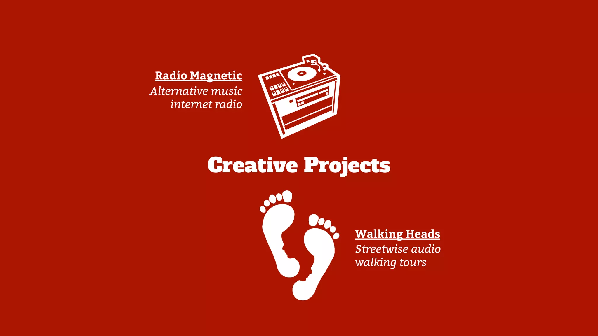 Creative Projects
Alternative music
internet radio
Walking Heads
Radio Magnetic
Streetwise audio
walking tours
 