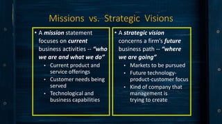Missions vs. Strategic Visions
• A mission statement
focuses on current
business activities -- “who
we are and what we do”
• Current product and
service offerings
• Customer needs being
served
• Technological and
business capabilities
• A strategic vision
concerns a firm’s future
business path -- “where
we are going”
• Markets to be pursued
• Future technology-
product-customer focus
• Kind of company that
management is
trying to create
 