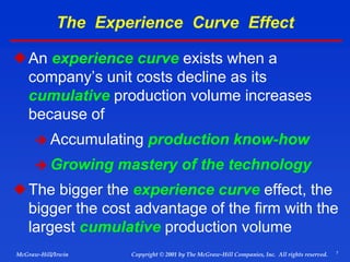 7
© 2001 by The McGraw-Hill Companies, Inc. All rights reserved.
McGraw-Hill/Irwin Copyright
The Experience Curve Effect
An experience curve exists when a
company’s unit costs decline as its
cumulative production volume increases
because of
 Accumulating production know-how
 Growing mastery of the technology
The bigger the experience curve effect, the
bigger the cost advantage of the firm with the
largest cumulative production volume
 