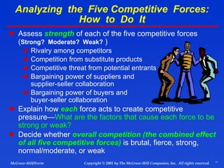 11
© 2001 by The McGraw-Hill Companies, Inc. All rights reserved.
McGraw-Hill/Irwin Copyright
Analyzing the Five Competitive Forces:
How to Do It
 Assess strength of each of the five competitive forces
(Strong? Moderate? Weak? )
 Rivalry among competitors
 Competition from substitute products
 Competitive threat from potential entrants
 Bargaining power of suppliers and
supplier-seller collaboration
 Bargaining power of buyers and
buyer-seller collaboration
 Explain how each force acts to create competitive
pressure—What are the factors that cause each force to be
strong or weak?
 Decide whether overall competition (the combined effect
of all five competitive forces) is brutal, fierce, strong,
normal/moderate, or weak
 