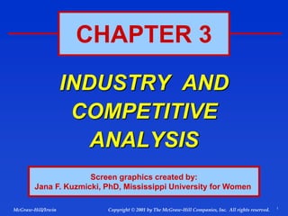 1
© 2001 by The McGraw-Hill Companies, Inc. All rights reserved.
McGraw-Hill/Irwin Copyright
INDUSTRY AND
COMPETITIVE
ANALYSIS
CHAPTER 3
Screen graphics created by:
Jana F. Kuzmicki, PhD, Mississippi University for Women
 