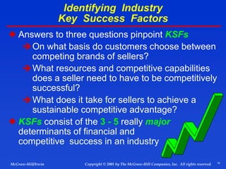 18
© 2001 by The McGraw-Hill Companies, Inc. All rights reserved.
McGraw-Hill/Irwin Copyright
Identifying Industry
Key Success Factors
 Answers to three questions pinpoint KSFs
On what basis do customers choose between
competing brands of sellers?
What resources and competitive capabilities
does a seller need to have to be competitively
successful?
What does it take for sellers to achieve a
sustainable competitive advantage?
 KSFs consist of the 3 - 5 really major
determinants of financial and
competitive success in an industry
 
