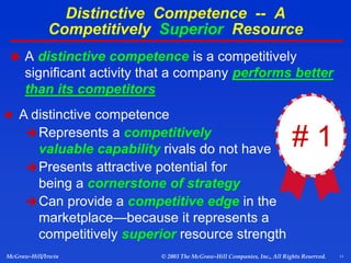 11
McGraw-Hill/Irwin © 2003 The McGraw-Hill Companies, Inc., All Rights Reserved.
Distinctive Competence -- A
Competitively Superior Resource
# 1
 A distinctive competence is a competitively
significant activity that a company performs better
than its competitors
 A distinctive competence
Represents a competitively
valuable capability rivals do not have
Presents attractive potential for
being a cornerstone of strategy
Can provide a competitive edge in the
marketplace—because it represents a
competitively superior resource strength
 