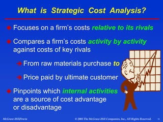 15
McGraw-Hill/Irwin © 2003 The McGraw-Hill Companies, Inc., All Rights Reserved.
What is Strategic Cost Analysis?
 Focuses on a firm’s costs relative to its rivals
 Compares a firm’s costs activity by activity
against costs of key rivals
 From raw materials purchase to
 Price paid by ultimate customer
 Pinpoints which internal activities
are a source of cost advantage
or disadvantage
 