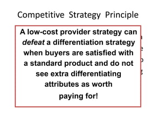 Competitive Strategy Principle
A low-cost producer strategy can defeat a
differentiation strategy when buyers are
satisfied with a standard product and do
not see extra attributes as worth paying
additional money to obtain!
A low-cost provider strategy can
defeat a differentiation strategy
when buyers are satisfied with
a standard product and do not
see extra differentiating
attributes as worth
paying for!
 