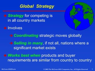 19
McGraw-Hill/Irwin © 2003 The McGraw-Hill Companies, Inc., All Rights Reserved.
Global Strategy
 Strategy for competing is similar
in all country markets
 Involves
 Coordinating strategic moves globally
 Selling in many, if not all, nations where a
significant market exists
 Works best when products and buyer
requirements are similar from country to country
 