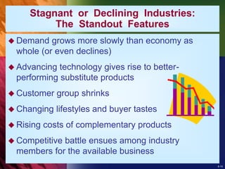 8-15
Stagnant or Declining Industries:
The Standout Features
 Demand grows more slowly than economy as
whole (or even declines)
 Advancing technology gives rise to better-
performing substitute products
 Customer group shrinks
 Changing lifestyles and buyer tastes
 Rising costs of complementary products
 Competitive battle ensues among industry
members for the available business
 
