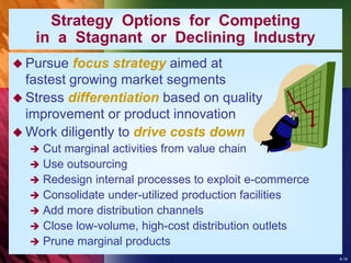 8-16
 Pursue focus strategy aimed at
fastest growing market segments
 Stress differentiation based on quality
improvement or product innovation
 Work diligently to drive costs down
 Cut marginal activities from value chain
 Use outsourcing
 Redesign internal processes to exploit e-commerce
 Consolidate under-utilized production facilities
 Add more distribution channels
 Close low-volume, high-cost distribution outlets
 Prune marginal products
Strategy Options for Competing
in a Stagnant or Declining Industry
 