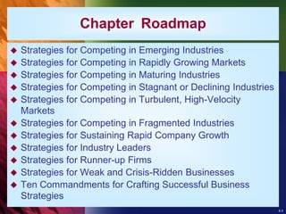 8-3
Chapter Roadmap
 Strategies for Competing in Emerging Industries
 Strategies for Competing in Rapidly Growing Markets
 Strategies for Competing in Maturing Industries
 Strategies for Competing in Stagnant or Declining Industries
 Strategies for Competing in Turbulent, High-Velocity
Markets
 Strategies for Competing in Fragmented Industries
 Strategies for Sustaining Rapid Company Growth
 Strategies for Industry Leaders
 Strategies for Runner-up Firms
 Strategies for Weak and Crisis-Ridden Businesses
 Ten Commandments for Crafting Successful Business
Strategies
 