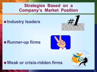 8-30
Strategies Based on a
Company’s Market Position
Industry leaders
Runner-up firms
Weak or crisis-ridden firms
 