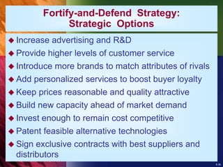 8-36
Fortify-and-Defend Strategy:
Strategic Options
 Increase advertising and R&D
 Provide higher levels of customer service
 Introduce more brands to match attributes of rivals
 Add personalized services to boost buyer loyalty
 Keep prices reasonable and quality attractive
 Build new capacity ahead of market demand
 Invest enough to remain cost competitive
 Patent feasible alternative technologies
 Sign exclusive contracts with best suppliers and
distributors
 