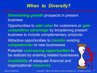 10
© 2001 by The McGraw-Hill Companies, Inc. All rights reserved.
McGraw-Hill/Irwin Copyright
When to Diversify?
 Diminishing growth prospects in present
business
 Opportunities to add value for customers or gain
competitive advantage by broadening present
business to include complementary products
 Attractive opportunities to transfer existing
competencies to new businesses
 Potential cost-saving opportunities to
be realized by entering related businesses
 Availability of adequate financial and
organizational resources
 