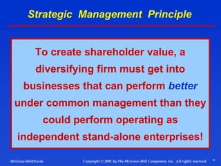 12
© 2001 by The McGraw-Hill Companies, Inc. All rights reserved.
McGraw-Hill/Irwin Copyright
Strategic Management Principle
To create shareholder value, a
diversifying firm must get into
businesses that can perform better
under common management than they
could perform operating as
independent stand-alone enterprises!
 