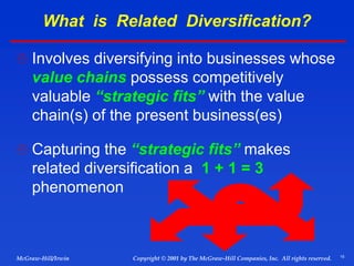 15
© 2001 by The McGraw-Hill Companies, Inc. All rights reserved.
McGraw-Hill/Irwin Copyright
What is Related Diversification?
 Involves diversifying into businesses whose
value chains possess competitively
valuable “strategic fits” with the value
chain(s) of the present business(es)
 Capturing the “strategic fits” makes
related diversification a 1 + 1 = 3
phenomenon
 