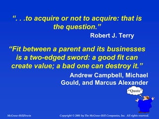“. . .to acquire or not to acquire: that is
the question.”
Robert J. Terry
“Fit between a parent and its businesses
is a two-edged sword: a good fit can
create value; a bad one can destroy it.”
Andrew Campbell, Michael
Gould, and Marcus Alexander
“Quote”
© 2001 by The McGraw-Hill Companies, Inc. All rights reserved.
McGraw-Hill/Irwin Copyright
 