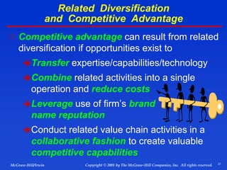 27
© 2001 by The McGraw-Hill Companies, Inc. All rights reserved.
McGraw-Hill/Irwin Copyright
Related Diversification
and Competitive Advantage
 Competitive advantage can result from related
diversification if opportunities exist to
Transfer expertise/capabilities/technology
Combine related activities into a single
operation and reduce costs
Leverage use of firm’s brand
name reputation
Conduct related value chain activities in a
collaborative fashion to create valuable
competitive capabilities
 