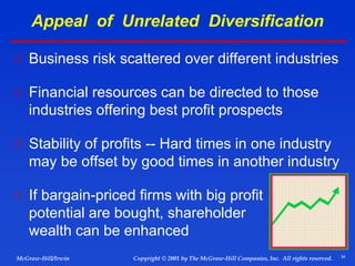 34
© 2001 by The McGraw-Hill Companies, Inc. All rights reserved.
McGraw-Hill/Irwin Copyright
Appeal of Unrelated Diversification
 Business risk scattered over different industries
 Financial resources can be directed to those
industries offering best profit prospects
 Stability of profits -- Hard times in one industry
may be offset by good times in another industry
 If bargain-priced firms with big profit
potential are bought, shareholder
wealth can be enhanced
 