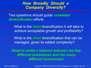36
© 2001 by The McGraw-Hill Companies, Inc. All rights reserved.
McGraw-Hill/Irwin Copyright
How Broadly Should a
Company Diversify?
 Two questions should guide unrelated
diversification efforts
1. What is the least diversification it will take to
achieve acceptable growth and profitability?
2. What is the most diversification that can be
managed, given its added complexity?
Need to strike a balance between too few
different businesses and too many
different businesses!
 