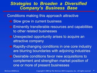 46
© 2001 by The McGraw-Hill Companies, Inc. All rights reserved.
McGraw-Hill/Irwin Copyright
Strategies to Broaden a Diversified
Company’s Business Base
 Conditions making this approach attractive
 Slow grow in current business
 Eminently transferable resources and capabilities
to other related businesses
 Unexpected opportunity arises to acquire an
attractive company
 Rapidly-changing conditions in one core industry
are blurring boundaries with adjoining industries
 Desirable conditions favor new acquisitions to
complement and strengthen market position of
one or more of present businesses
 